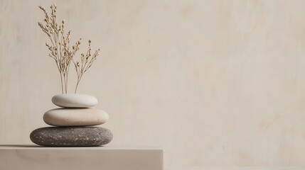 Modern still life with organic textures, stone and wood on minimal beige backdrop