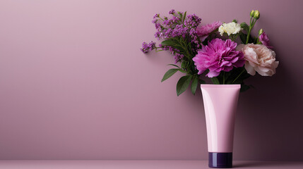 Obraz premium Pastel Pink and Purple Lotion Tube with Flowers