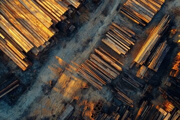 Aerial view of lumber stacks and wood timber at sunset