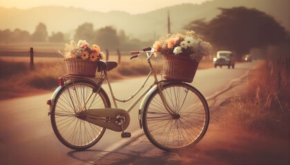 Obraz premium Old-fashioned bicycle with flower-filled basket by a countryside road under soft light, celebrating simplicity and charm