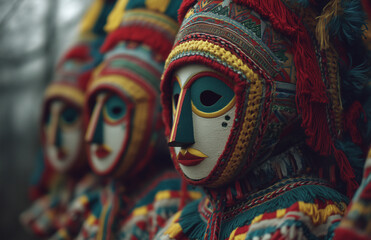 Fototapeta premium Festive Costumed Figures with Masks and Colorful Headdresses