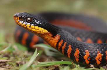 Naklejka premium Garter Snake Close-up in Natural Habitat Featuring Black and Orange Scales
