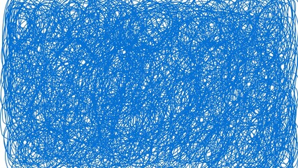 A chaotic abstract pattern of dense blue scribbles on a white background, creating a sense of...