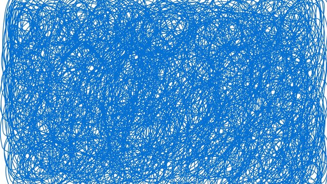 A chaotic abstract pattern of dense blue scribbles on a white background, creating a sense of motion and intensity.

