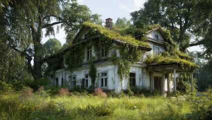 Overgrown house abandoned in nature, rural scene