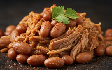 Fototapeta premium Savory Slow Cooked Pork And Beans Aromatic Spice Blend Tender Meat Juicy Beans Hearty Meal