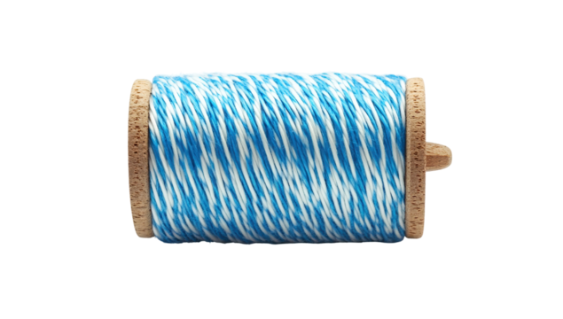 A spool of light blue and white striped twine on a light brown wooden base - Powered by Adobe