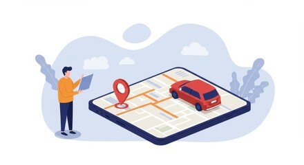 Man tracking a car on a map, illustration