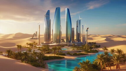 Exploring a futuristic cityscape with towering skyscrapers and lush oasis in a desert environment - Powered by Adobe