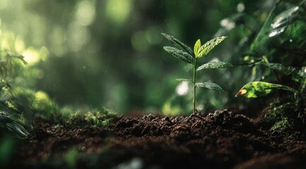 A small seedling emerges from rich dark soil, bathed in soft sunlight filtering through a lush, green forest