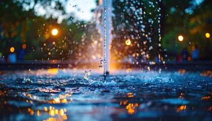 Water fountain droplets cascade & splash, blurred lights in background, dusk atmosphere