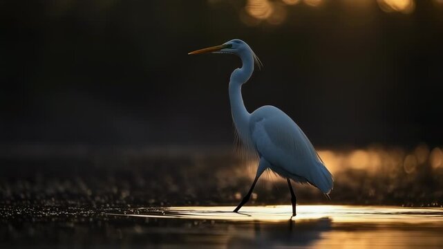Elegant great egret wading in the water during a golden sunset moment