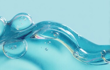 Abstract close-up of a flowing, translucent, light-blue liquid with air bubbles