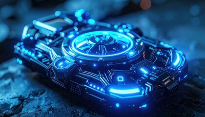 Futuristic device with intricate details, illuminated with bright blue lights on a textured surface