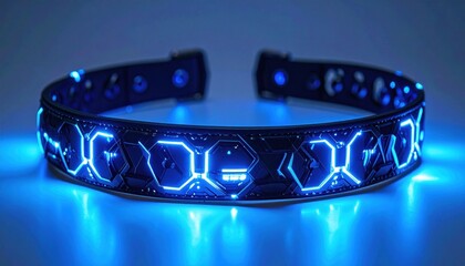 Glowing futuristic collar with intricate blue neon patterns