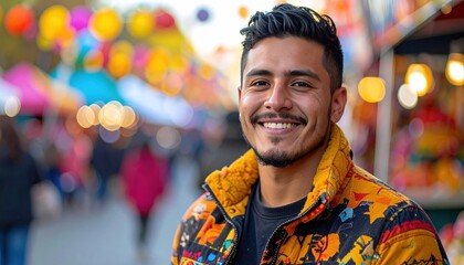 Smiling man in vibrant jacket stands in a busy outdoor marketplace scene