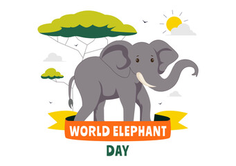 Happy World Elephant Day Vector Illustration on August 12, featuring Elephants for Conservation and Salvation Efforts in a Flat Style Background