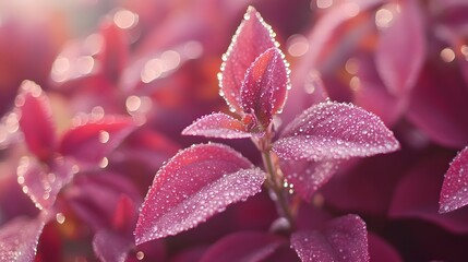 A dreamy scene of a vibrant close-up of a flourishing tulsi plant with dewdrops glistening on the leaves