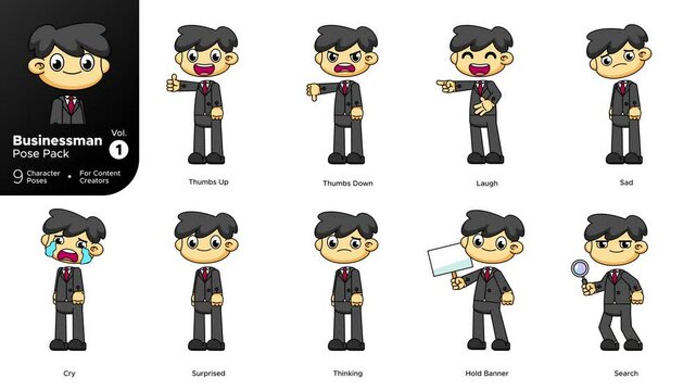 Businessman Character Vol.1. 9 Office Cartoon Poses in 4K. Greenscreen Animation Loop Pack 