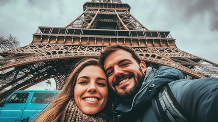 paris man woman selfie eiffel jacket