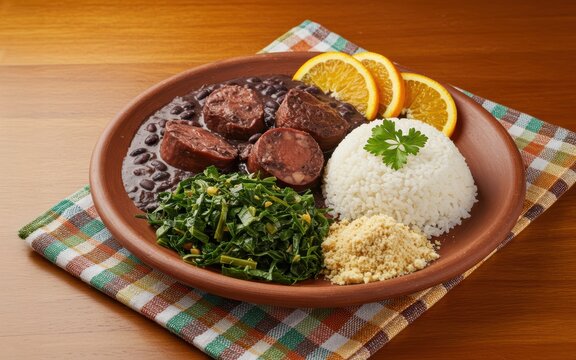 Savory Brazilian Feijoada Black bean stew, rice, greens, orange slices, and farofa. A delightful culinary experience.