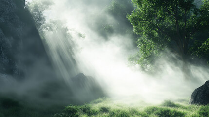 Fototapeta premium Ethereal Foggy Forest Scene with Dramatic Sunlight Piercing Mist, Lush Greenery, Rocky Cliff, and Tall Trees, Tranquil and Otherworldly Wilderness