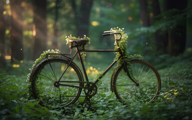 Fototapeta premium World Bicycle Day banner featuring black bicycle in tranquil grass field poster, banner, and template