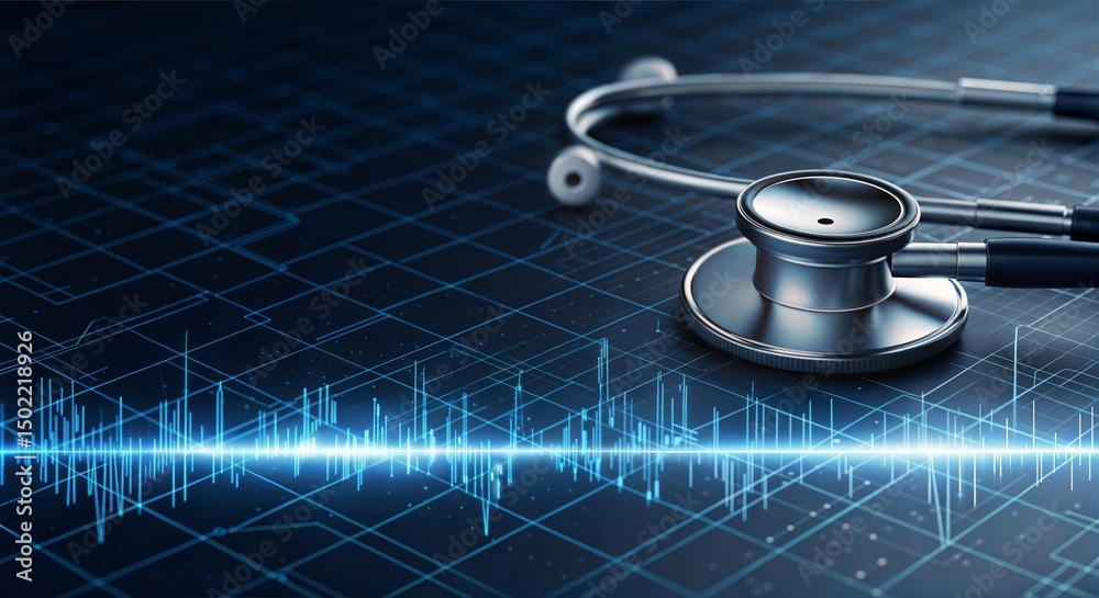 Aufkleber stethoscope and digital health chart concept. medical stethoscope with sound wave visualization in a