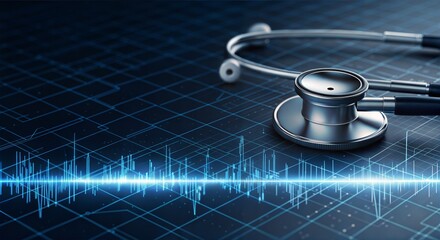 Stethoscope and digital health chart concept. Medical stethoscope with sound wave visualization in a digital setting.