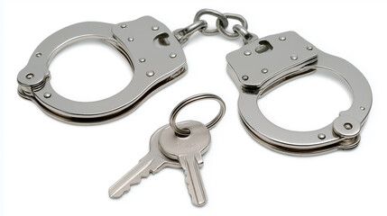 Handcuffs and keys resting on white background representing security and law enforcement