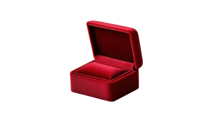 An empty, crimson velvet jewelry box, slightly ajar, sits on a black background.  Its plush interior is visible