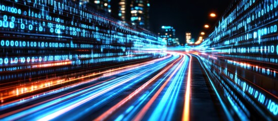 Fototapeta premium Digital highway: Binary code and light streaks create a futuristic scene