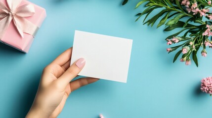 Obraz premium Hand holding a white credit card on a blue background shopping payment purchase retail product. 