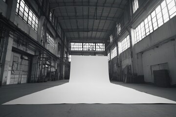 Empty warehouse studio space with white backdrop for photography