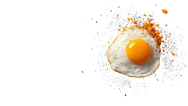 A perfectly fried egg, yolk intact, surrounded by a burst of speckled crumbs against a stark black backdrop