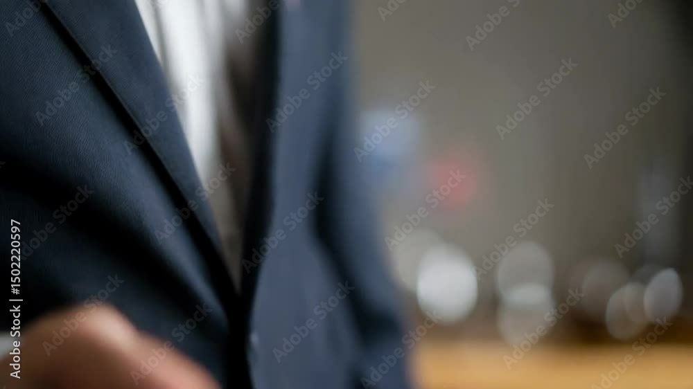 Poster Man in suit holding smartphone with digital warning sign hovering above it in a blurred setting