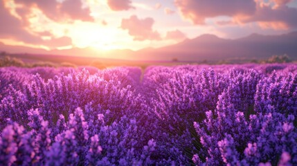 Fototapeta premium Lavender field at sunset, vibrant purple blooms