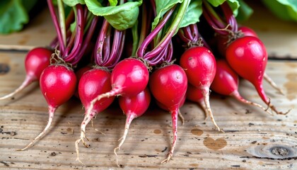 a bunches of red radishes with green tops neatly arranged in a row on a surface.