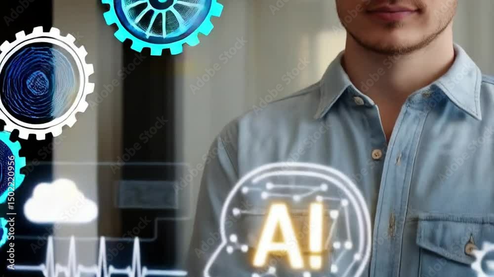Poster Man presenting ai head icon with digital elements in his hands in front of a laptop computer