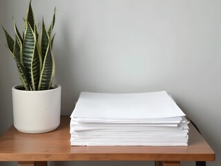 Fototapeta premium Stack of Blank White Paper Next to a Snake Plant in a White Pot on a Wooden Surface. Minimalist Workspace Setup with a Pile of Paper and a Potted Sansevieria Plant. Clean Desk Arrangement Featuring Wh