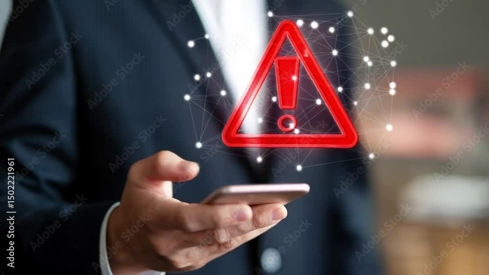 Poster man in suit holding smartphone with red warning sign and digital dots overlaying the screen