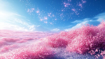 Pink Dust Rises From an Alien Planet Covered In Abstract Textures As the Sky Forms Digital Stars and Matrix Patterns In Glowing Blue Fantasy
