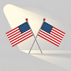 Two American flags crossed, illuminated by spotlight.