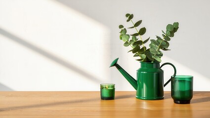 A still life shows a green watering can vase with eucalyptus on a wood table.