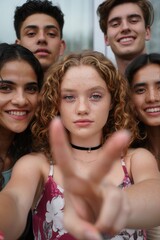 A group of friends pose for a selfie with a blurred peace sign.