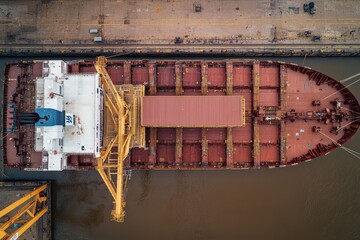 Top view of large cargo ship docked in port with loading equipment