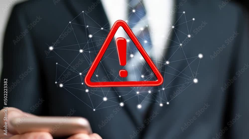 Poster Man in suit holding phone with red warning sign and network connection overlay in digital space