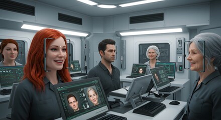 Futuristic Facial Recognition Tech Diverse Team Biometric Analysis