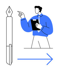 Fountain pen beside professional pointing to the right while holding clipboard, representing instruction, writing skillset, guidance, planning, education, creativity, decision-making. Ideal