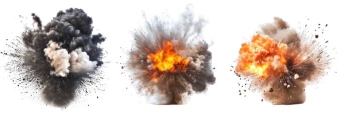 Three distinct explosion stages grey smoke, fiery orange-white burst, and final orange-brown cloud